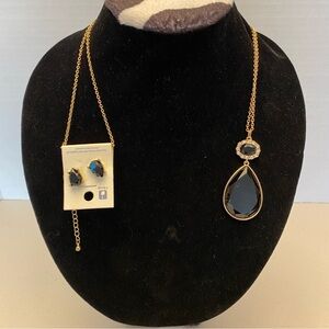 NWT teardrop necklace & earring set in black & gold 16 inch chain